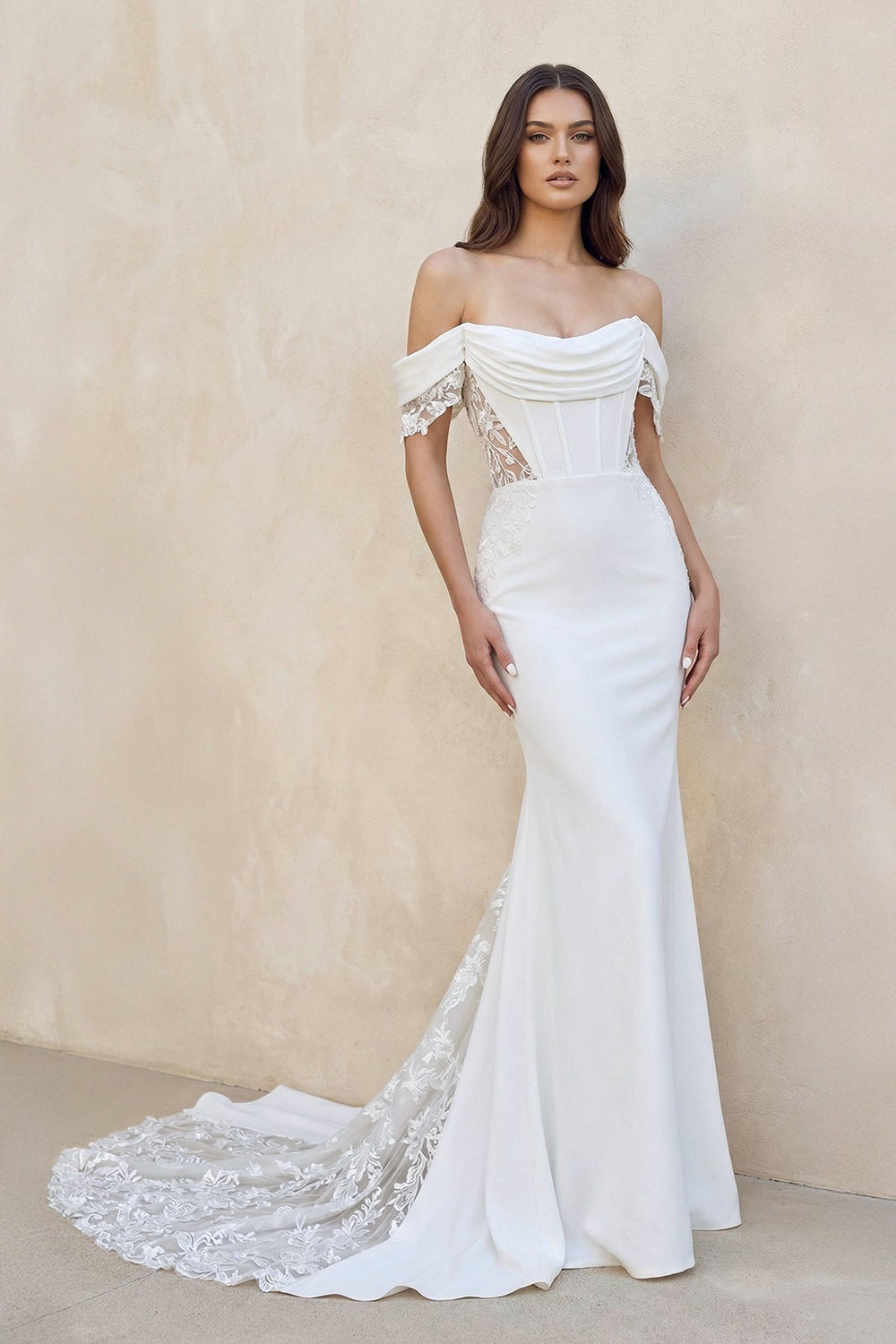 Mermaid Lace Off The Shoulder Wedding Dress in White - SHE IS ME Wedding Dresses