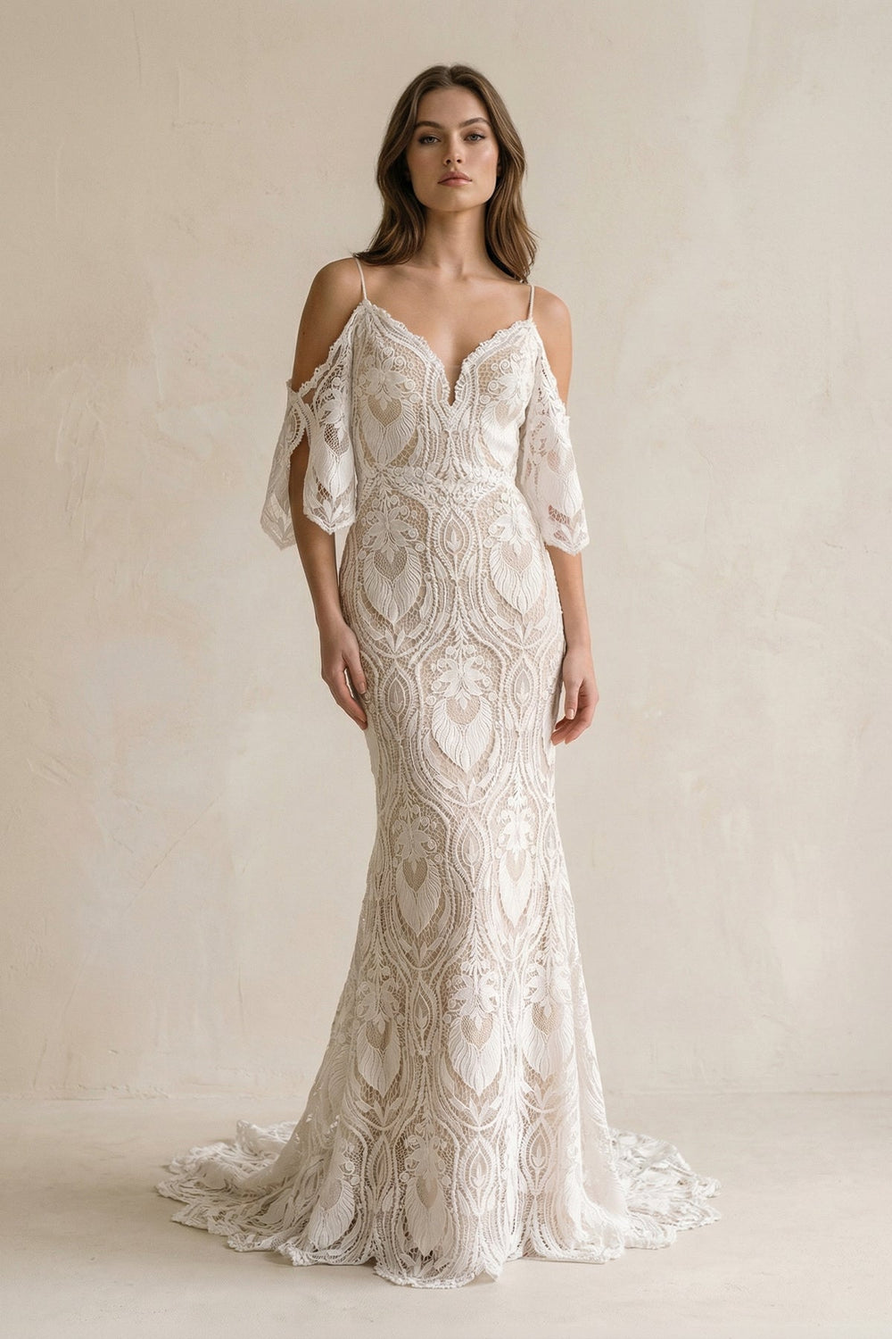 Mermaid Lace Spaghetti Straps Wedding Dress in White and Nude - SHE IS ME Wedding Dresses