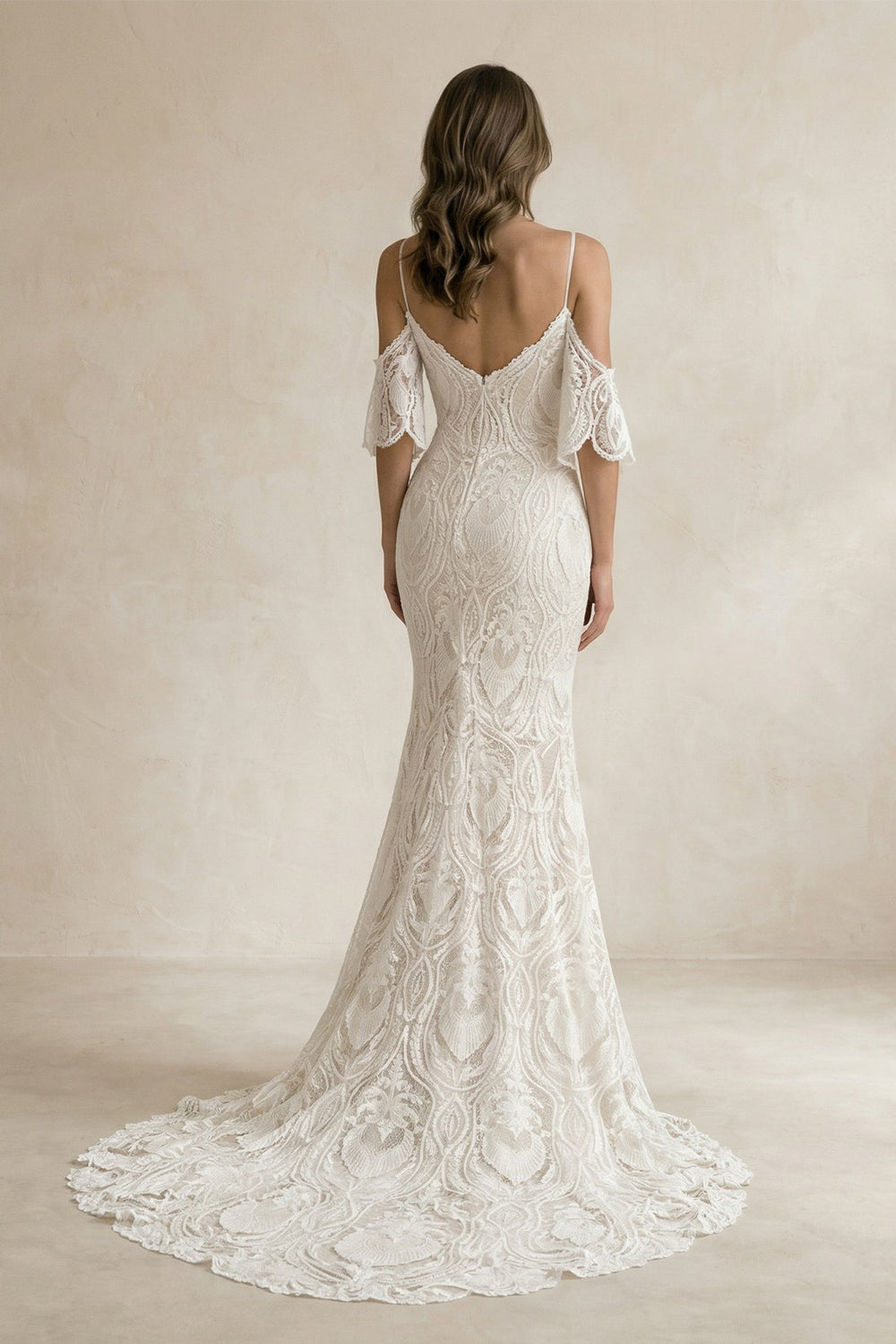 Mermaid Lace Spaghetti Straps Wedding Dress in White and Nude - SHE IS ME Wedding Dresses