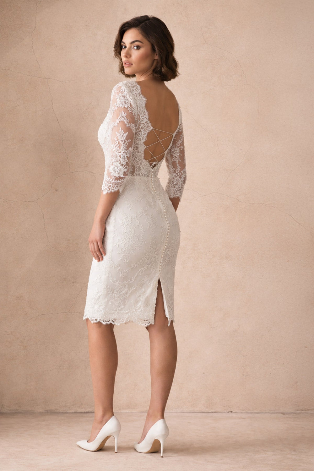 Mermaid Lace Sweetheart 3/4 Length Sleeve Wedding Dress in Ivory - SHE IS ME Wedding Dresses