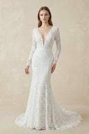 Mermaid Lace V - Neck Long Sleeves Wedding Dress in White - SHE IS ME Wedding Dresses