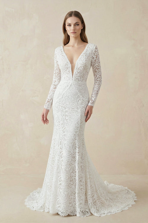 Mermaid Lace V - Neck Long Sleeves Wedding Dress in White - SHE IS ME Wedding Dresses