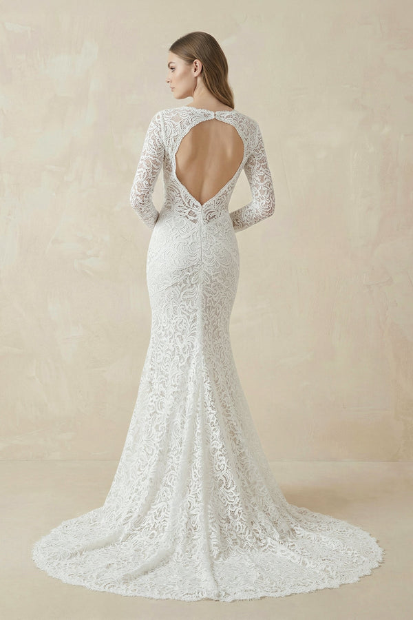 Mermaid Lace V - Neck Long Sleeves Wedding Dress in White - SHE IS ME Wedding Dresses