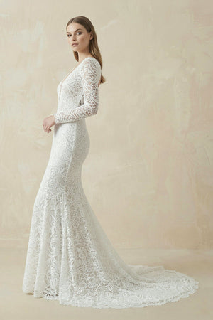 Mermaid Lace V - Neck Long Sleeves Wedding Dress in White - SHE IS ME Wedding Dresses