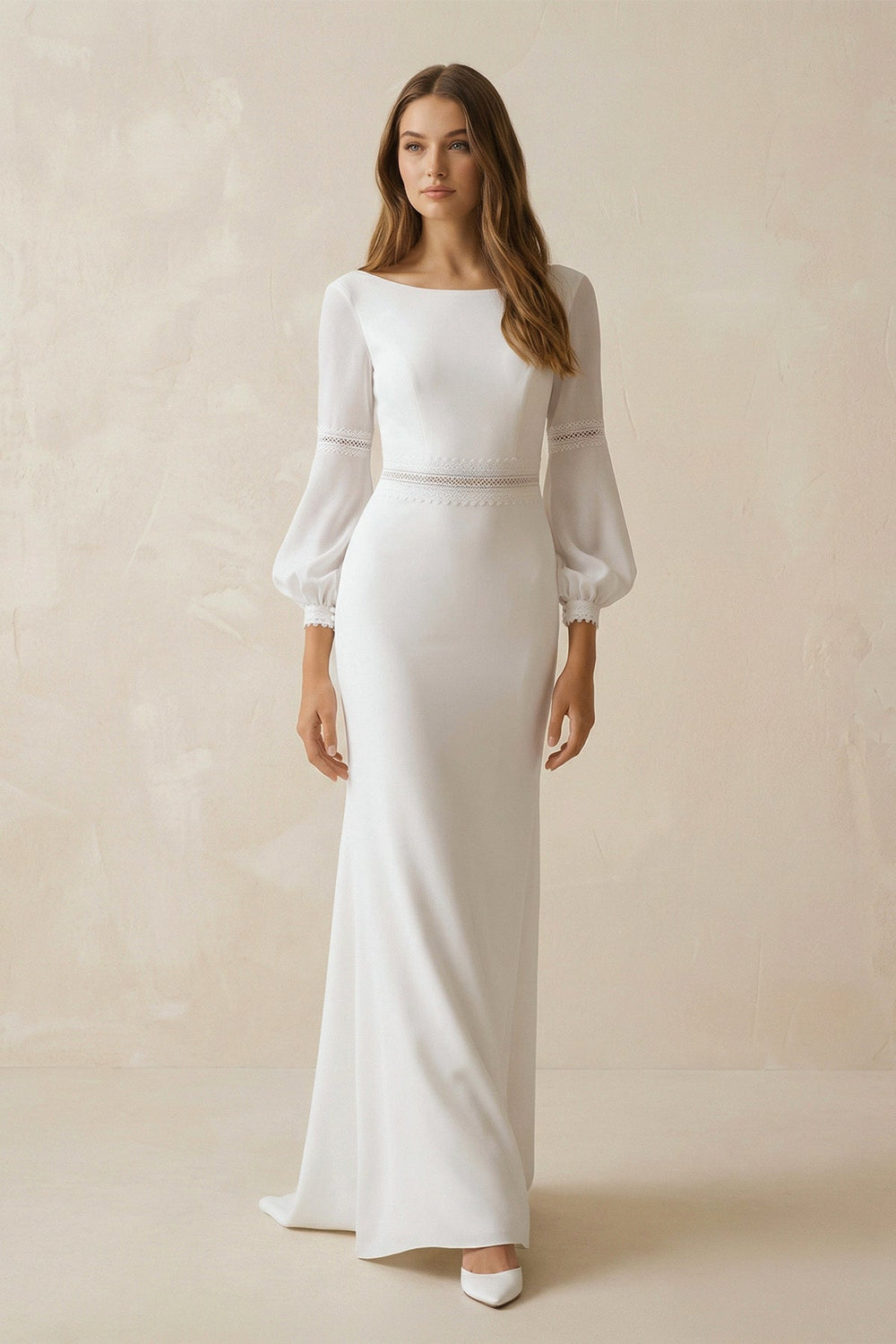 Mermaid Long Sleeves Chiffon Wedding Dress With Appliques in White - SHE IS ME Wedding Dresses