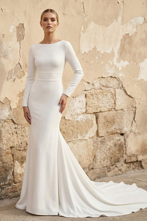 Mermaid Long Sleeves Satin Wedding Dress in Ivory - SHE IS ME Wedding Dresses