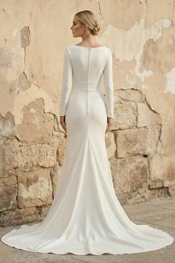 Mermaid Long Sleeves Satin Wedding Dress in Ivory - SHE IS ME Wedding Dresses