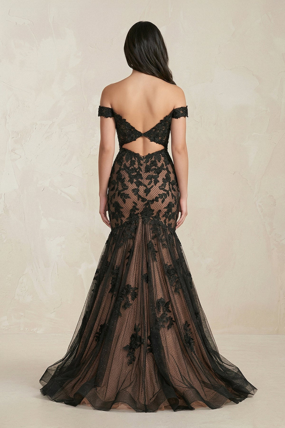 Mermaid Off - the - Shoulder Appliqued Beaded Wedding Dress in Black - SHE IS ME Wedding Dresses