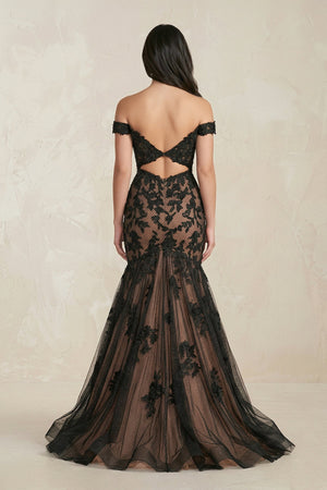 Mermaid Off - the - Shoulder Appliqued Beaded Wedding Dress in Black - SHE IS ME Wedding Dresses