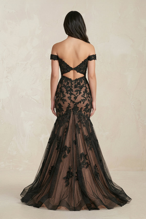 Mermaid Off - the - Shoulder Appliqued Beaded Wedding Dress in Black - SHE IS ME Wedding Dresses