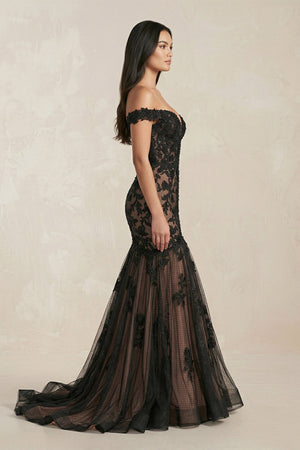 Mermaid Off - the - Shoulder Appliqued Beaded Wedding Dress in Black - SHE IS ME Wedding Dresses