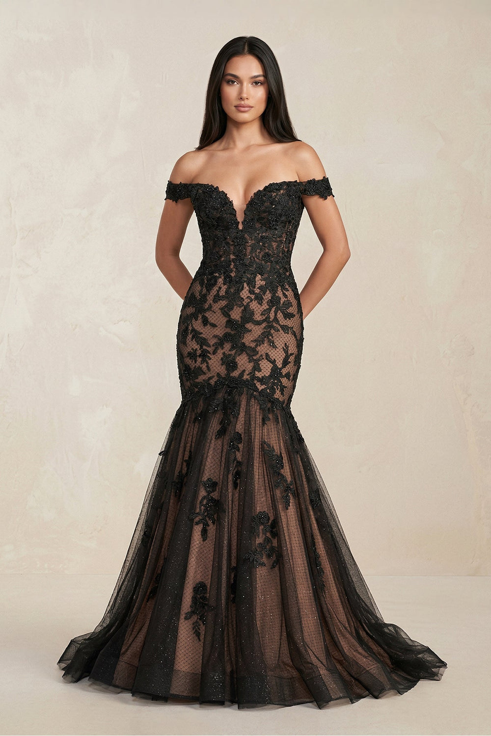 Mermaid Off - the - Shoulder Appliqued Beaded Wedding Dress in Black - SHE IS ME Wedding Dresses