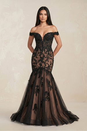 Mermaid Off - the - Shoulder Appliqued Beaded Wedding Dress in Black - SHE IS ME Wedding Dresses