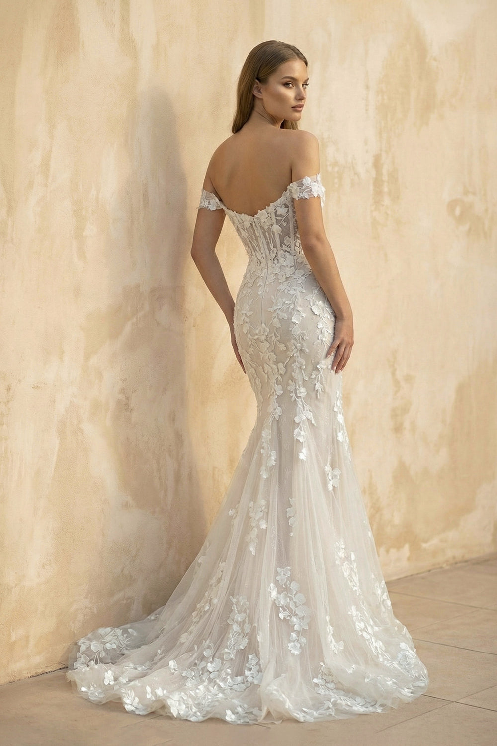 Mermaid Off The Shoulder Lace Wedding Dress in White and Nude - SHE IS ME WEDDING DRESSES