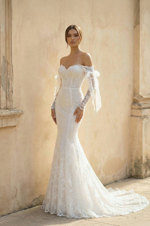 Mermaid Off The Shoulder Lace Wedding Dress in White and Nude - SHE IS ME Wedding Dresses