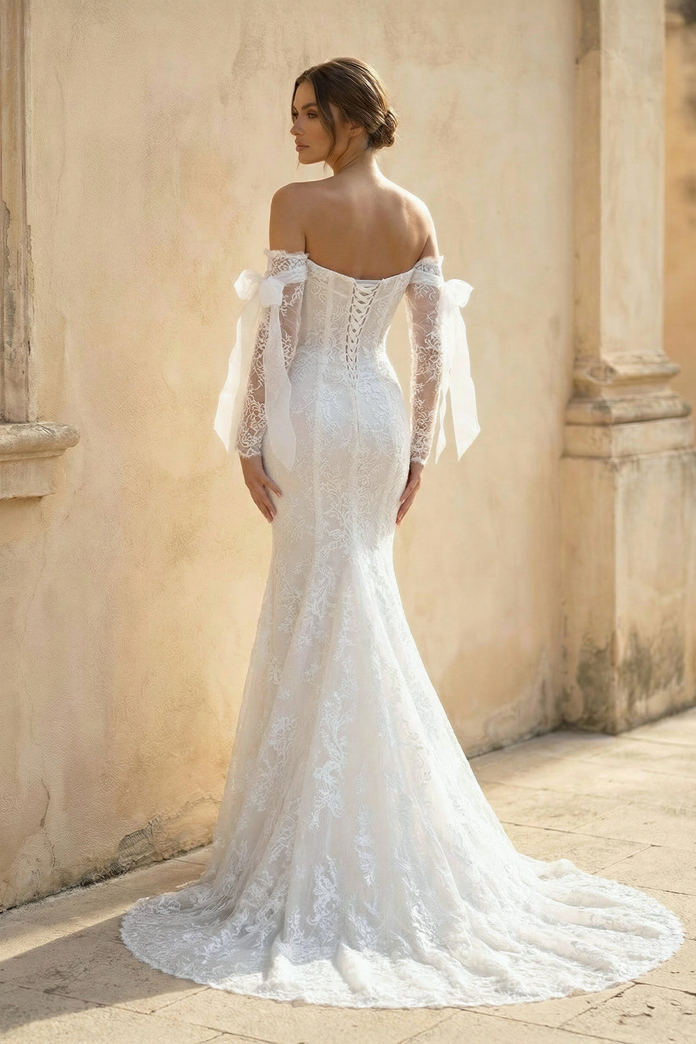 Mermaid Off The Shoulder Lace Wedding Dress in White and Nude - SHE IS ME WEDDING DRESSES