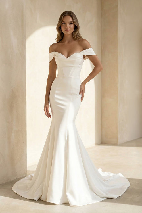 Mermaid Off - the - Shoulder Satin Wedding Dress - SHE IS ME Wedding Dresses
