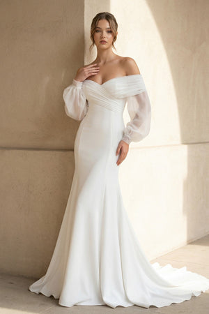 Mermaid Off The Shoulder Satin Wedding Dress in White - SHE IS ME Wedding Dresses