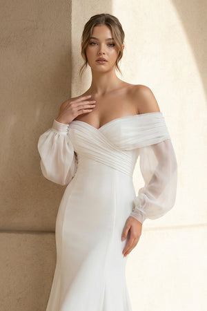 Mermaid Off The Shoulder Satin Wedding Dress in White - SHE IS ME Wedding Dresses