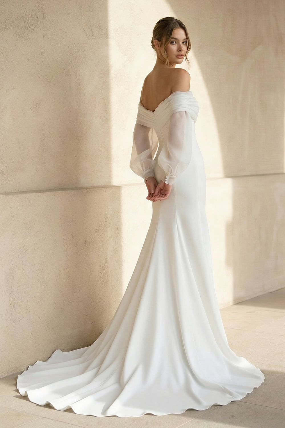 Mermaid Off The Shoulder Satin Wedding Dress in White - SHE IS ME Wedding Dresses