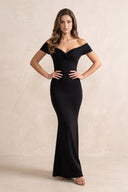 Mermaid Off-the-Shoulder Stretch Satin Pleated Maxi Dress in Black – SHE IS ME Dresses