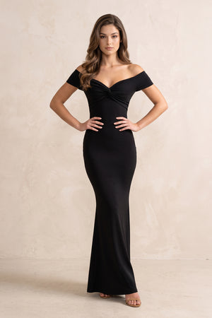 Mermaid Off-the-Shoulder Stretch Satin Pleated Maxi Dress in Black – SHE IS ME Dresses