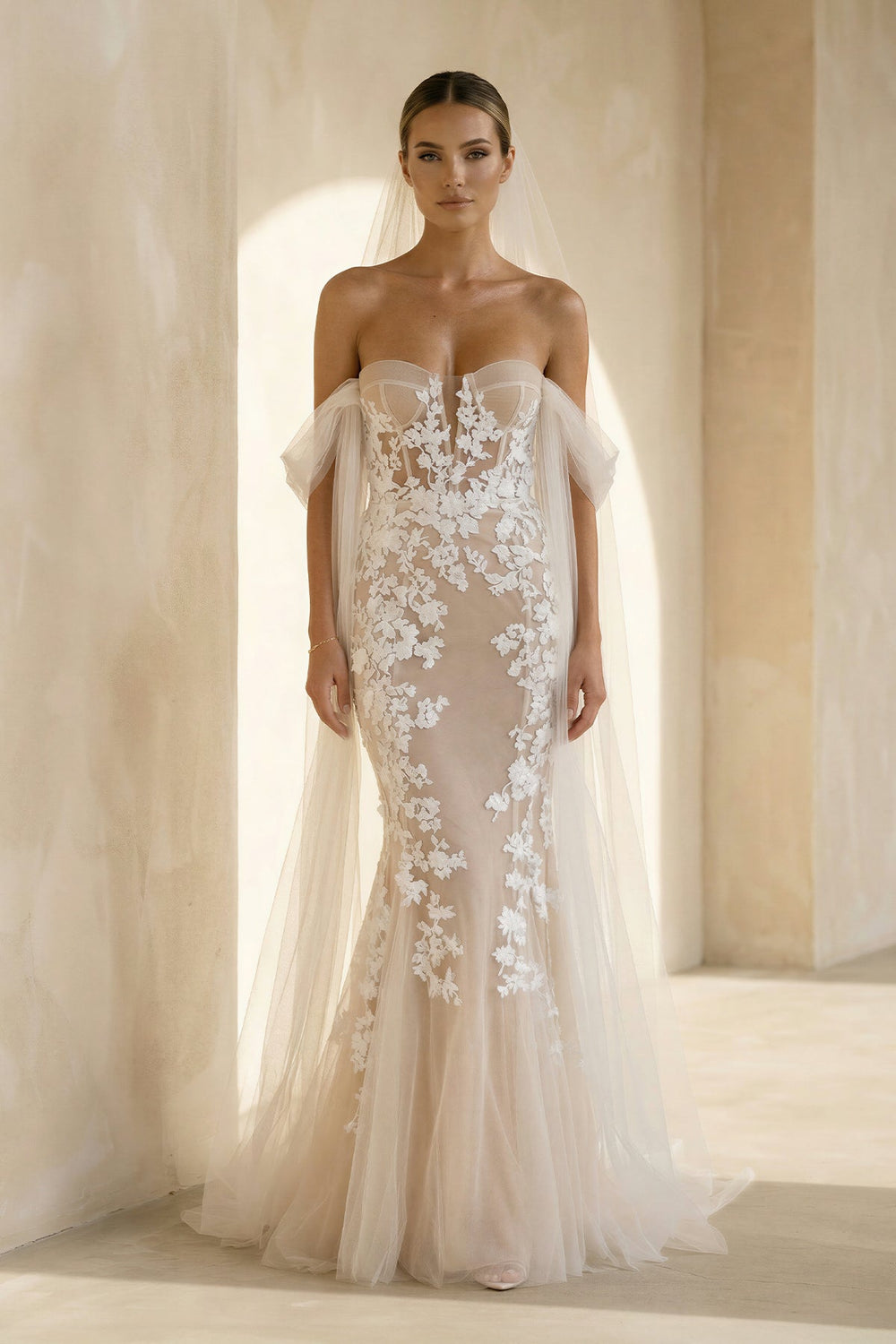 Mermaid Off the Shoulder Tulle Lace Wedding Dresses in White and Nude - SHE IS ME Wedding Dresses