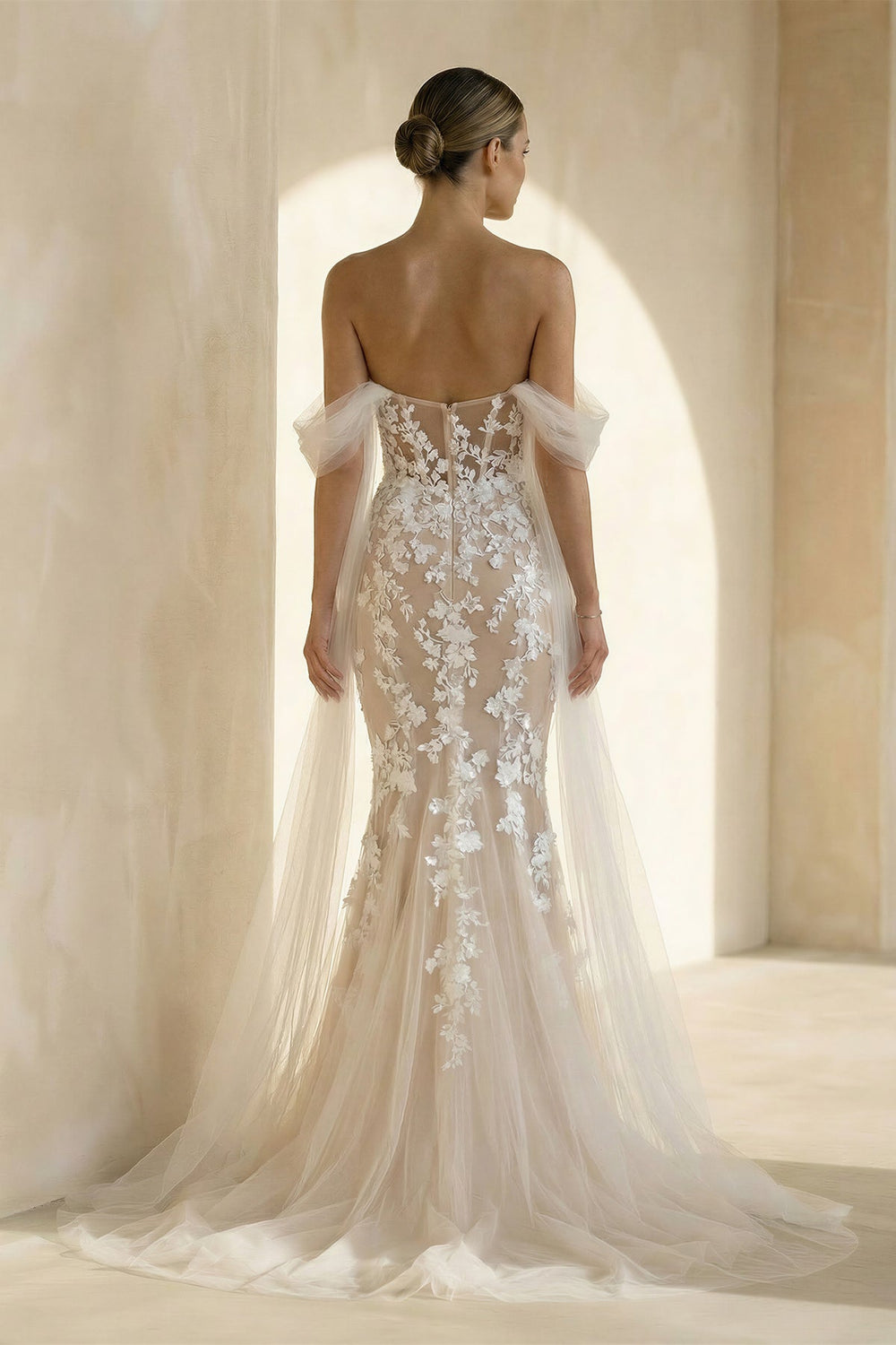 Mermaid Off the Shoulder Tulle Lace Wedding Dresses in White and Nude - SHE IS ME Wedding Dresses