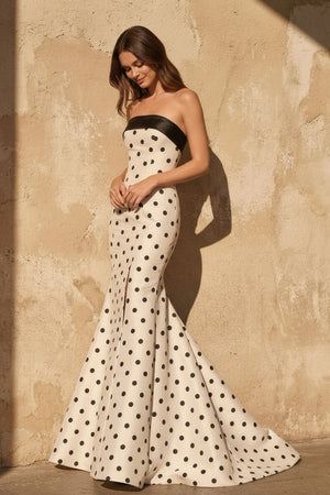 Sheisme-White Strapless Satin Mermaid Maxi Polka Dot Evening Formal Dress