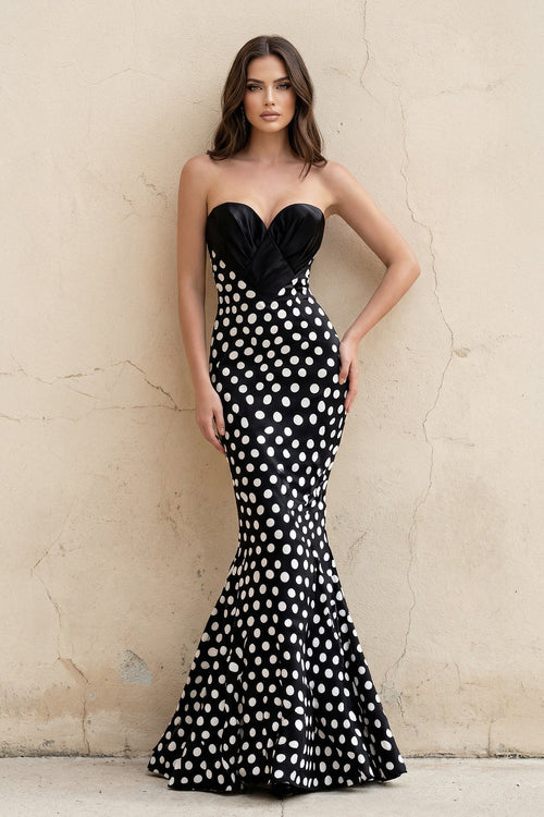 Mermaid Polka Dot Strapless Gown in Black - SHE IS ME PROM DRESSES