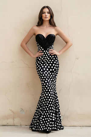 Mermaid Polka Dot Strapless Gown in Black - SHE IS ME PROM DRESSES