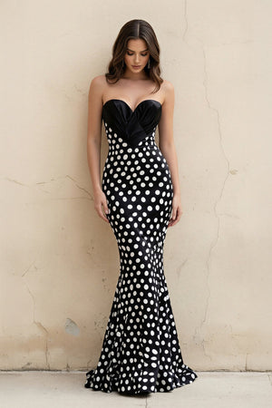 Mermaid Polka Dot Strapless Gown in Black - SHE IS ME PROM DRESSES