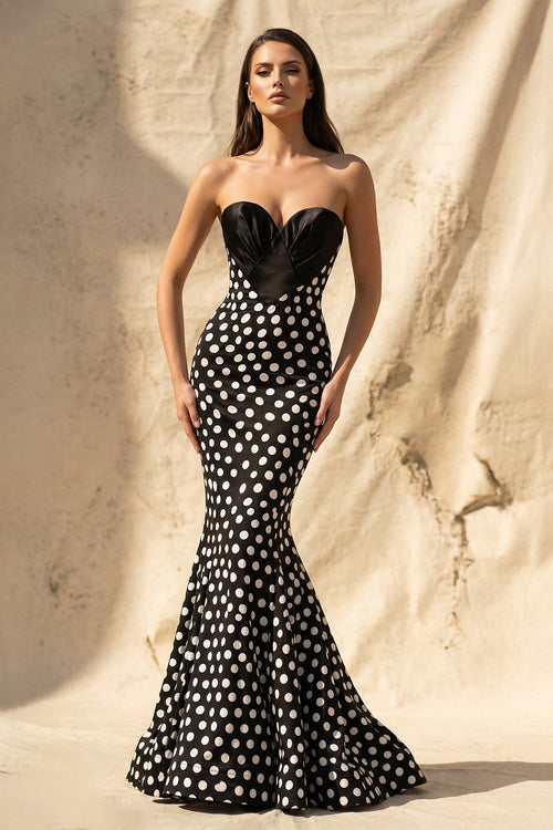 Sheisme-Black Strapless Satin Mermaid Polka Dot Maxi Evening Formal Dress