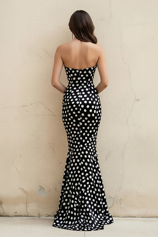 Mermaid Polka Dot Strapless Gown in Black - SHE IS ME