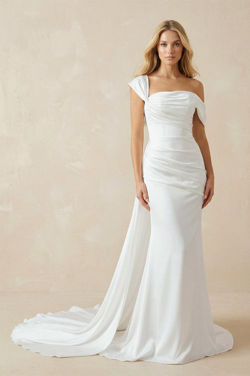 Mermaid Ruched Off The Shoulder Chiffon Wedding Dress - SHE IS ME Wedding Dresses