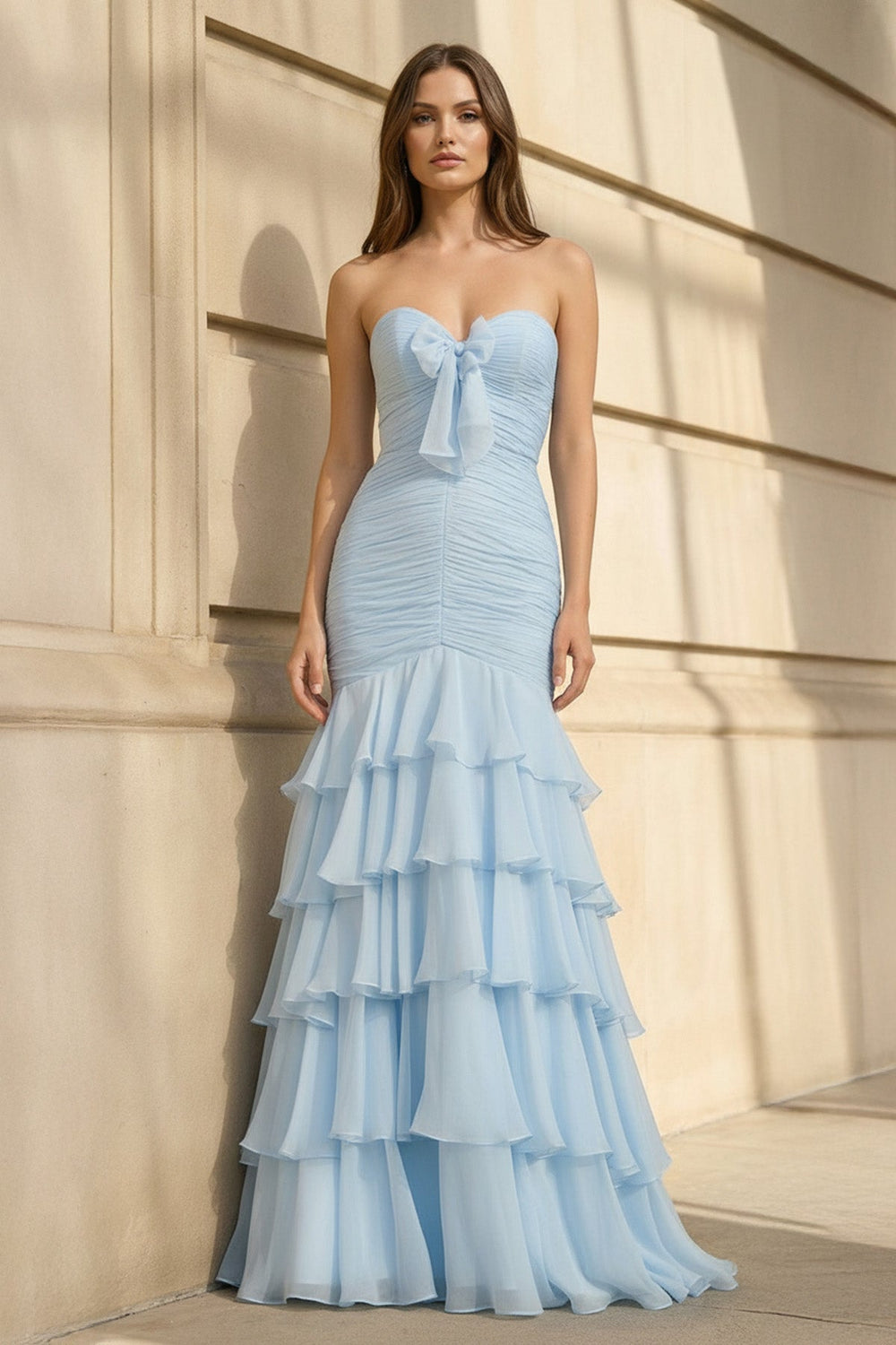 Mermaid Ruffled Gown With Bow in Sky Blue - SHE IS ME