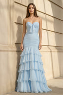 Mermaid Ruffled Gown With Bow in Sky Blue - SHE IS ME