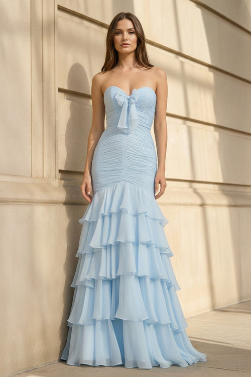 Mermaid Ruffled Gown With Bow in Sky Blue - SHE IS ME
