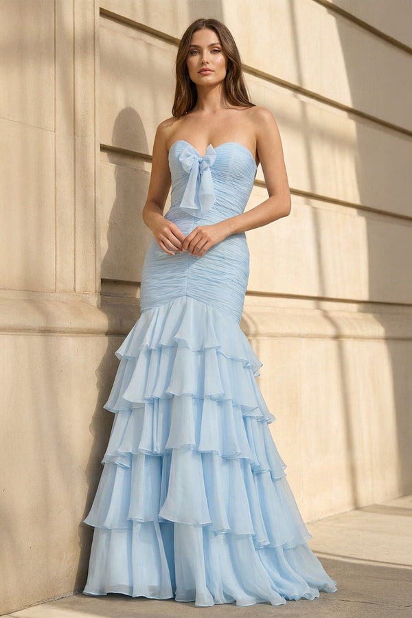 Mermaid Ruffled Gown With Bow in Sky Blue - SHE IS ME