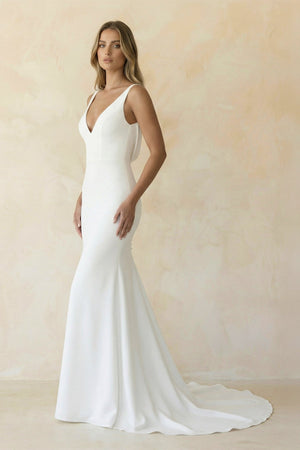 Mermaid Satin Backless Sweep Train Wedding Dress in White - SHE IS ME Wedding Dresses
