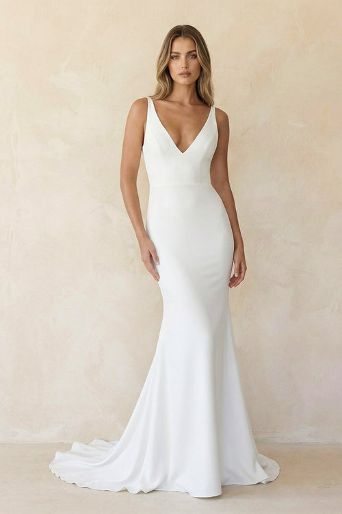Mermaid Satin Backless Sweep Train Wedding Dress in White - SHE IS ME Wedding Dresses