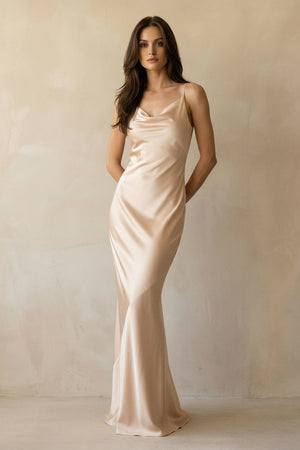 Mermaid Satin Maxi Dress in Champagne - SHE IS ME