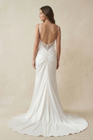 Mermaid Satin Ruched Cowl Neck Wedding Dress with Slit in White - SHE IS ME Wedding Dresses