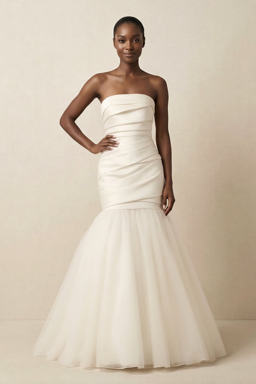 Mermaid Satin Strapless Pleated Wedding Dress in White - SHE IS ME Wedding Dresses