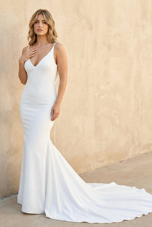 Mermaid Satin V Neck Wedding Dress in White - SHE IS ME Wedding Dresses