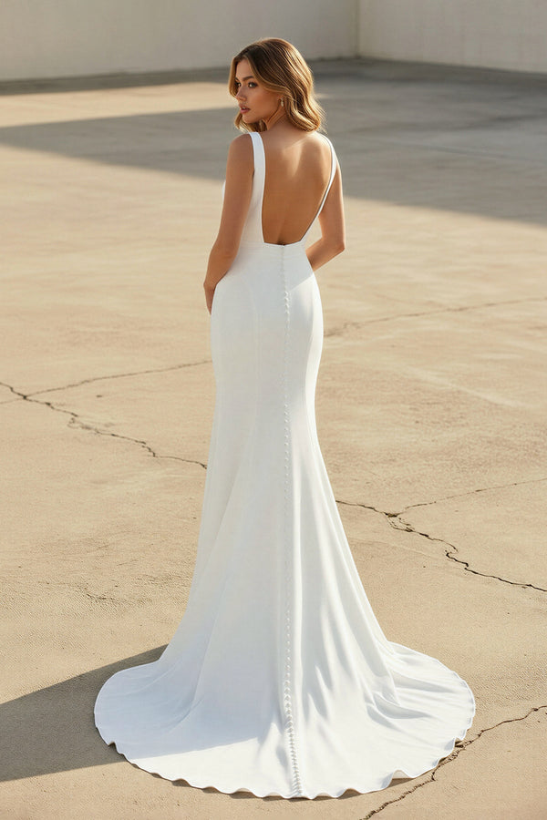 Mermaid Satin V Neck Wedding Dress in White - SHE IS ME Wedding Dresses