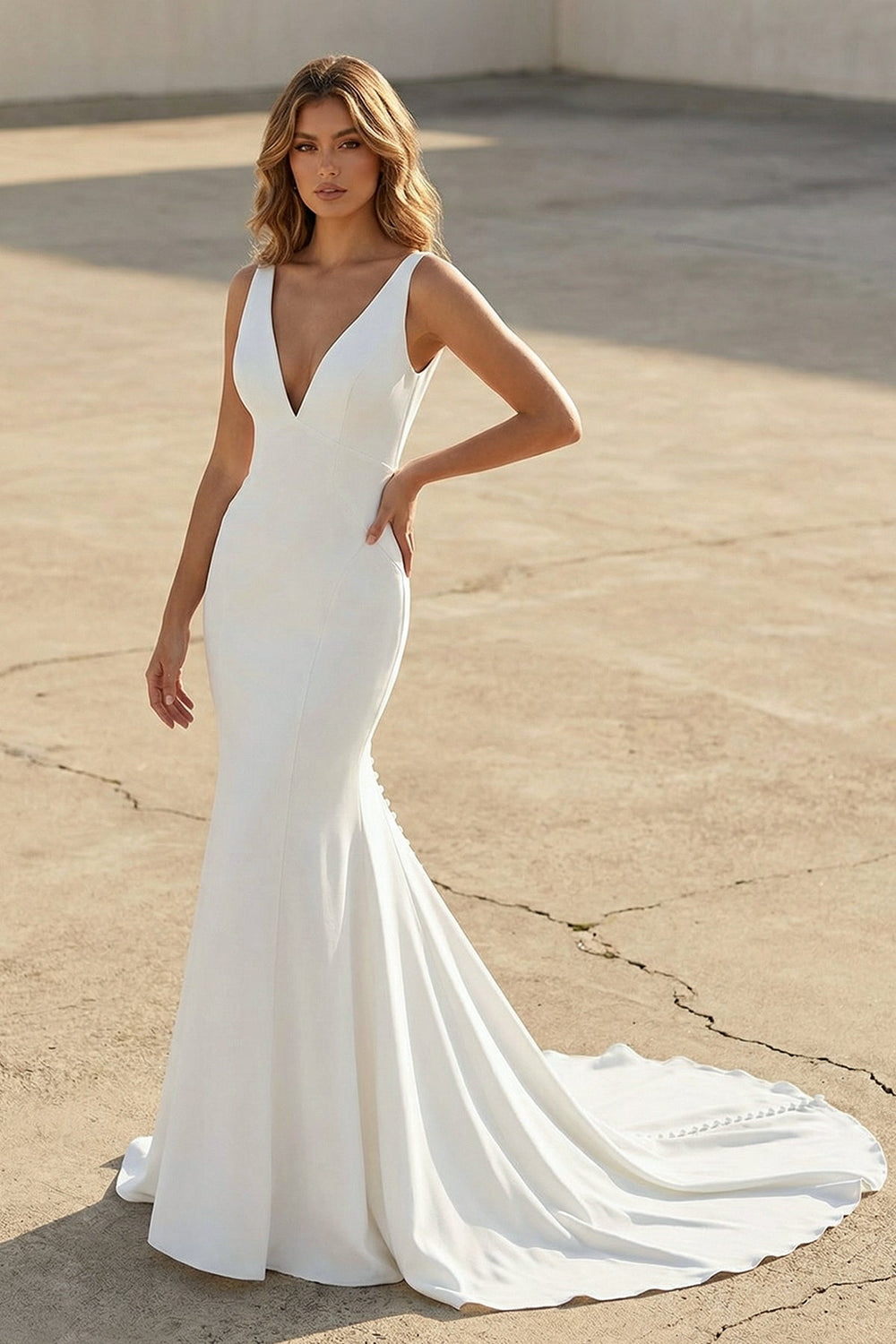 Mermaid Satin V Neck Wedding Dress in White - SHE IS ME Wedding Dresses