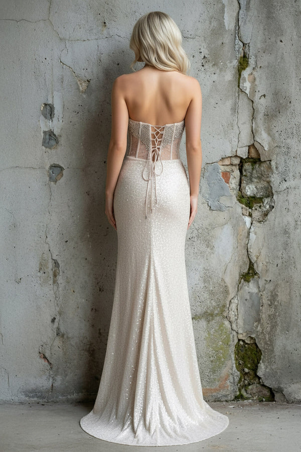 Sheisme-Champagne Strapless Mermaid Maxi Beaded Sequins Formal Evening Dress