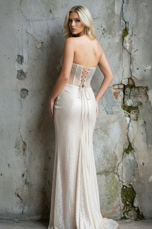 Sheisme-Champagne Strapless Mermaid Maxi Beaded Sequins Formal Evening Dress