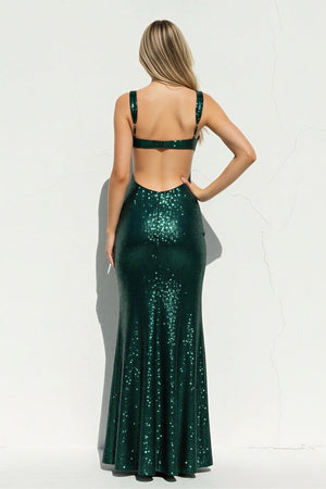 Mermaid Sequins Maxi Dress With Cutout in Emerald Green - SHE IS ME